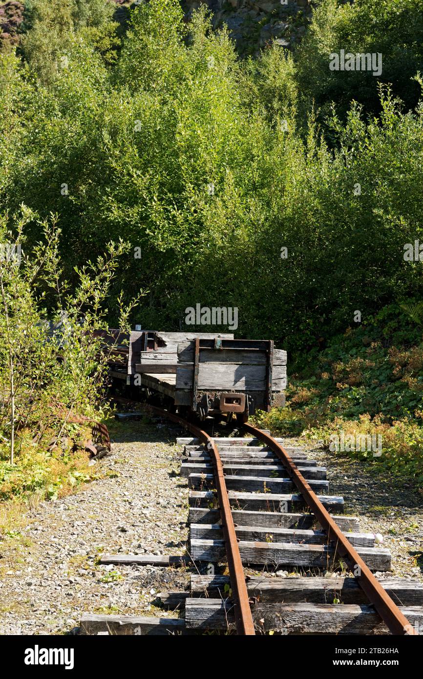 Disused old rusty railway rail line track and slate wagon carriage at Threlkeld Quarry and Mining Museum near Keswick Cumbria England UK Stock Photo