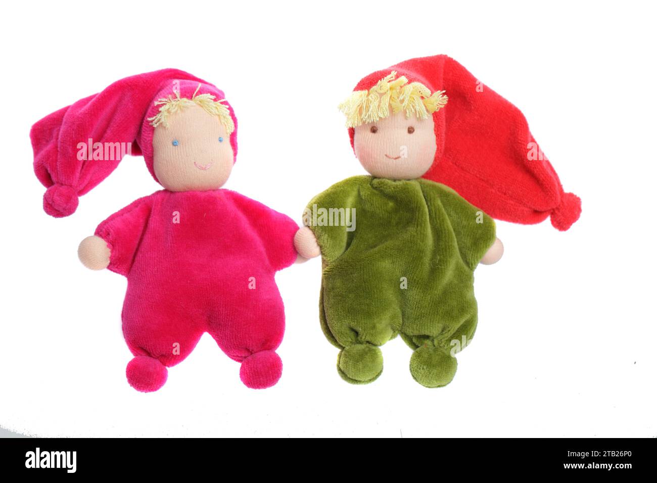 Colorful handmade textile plush doll toy isolated on white background