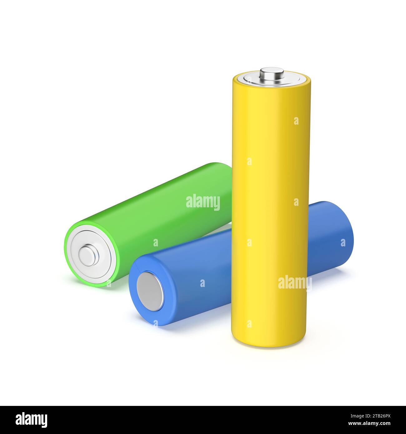 Three AA size batteries with different colors on white background Stock Photo
