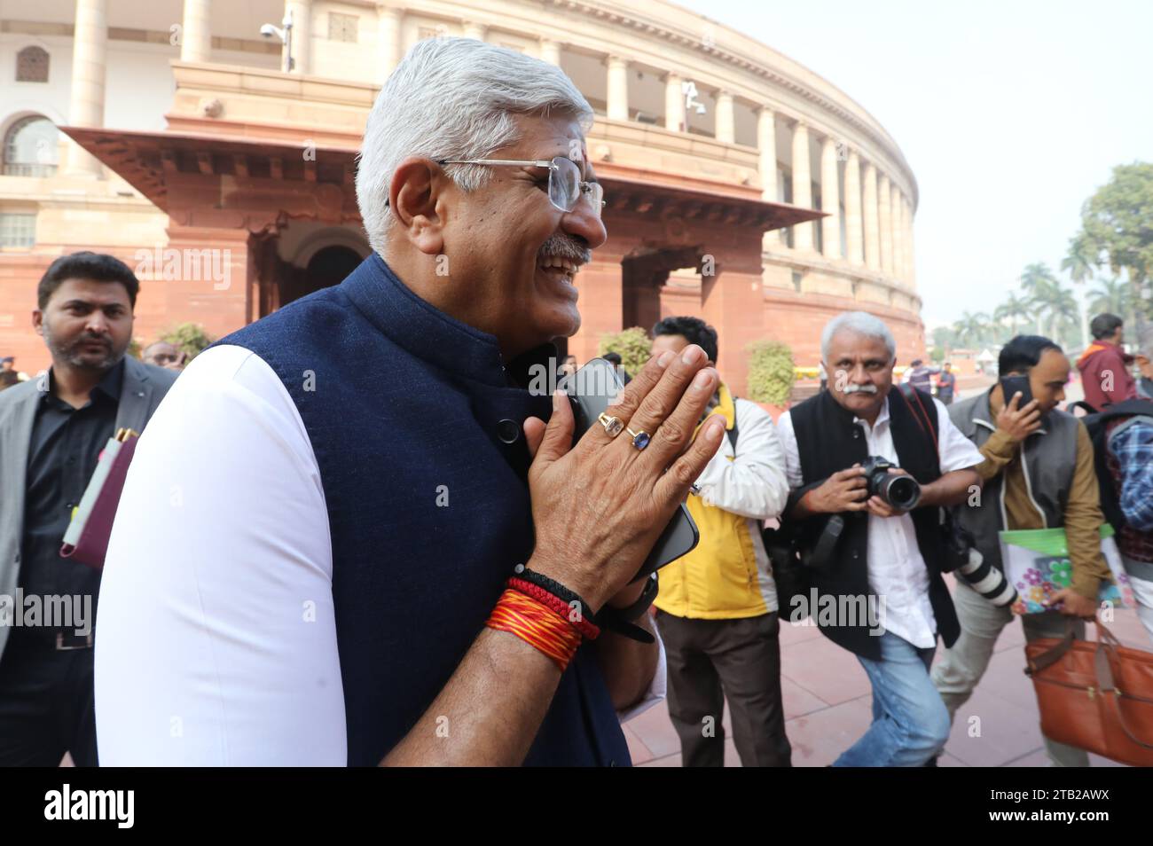 Bharatiya Janata Party leader Gajendra Singh Shekhawat greets people upon his arrival on the first day of the Parliament winter session 2023, at Parliament House. Prime Minister Modi said the opposition should learn from defeat and consider this a golden opportunity and move forward with positivity this session. (Photo by Naveen Sharma / SOPA Images/Sipa USA) Stock Photo