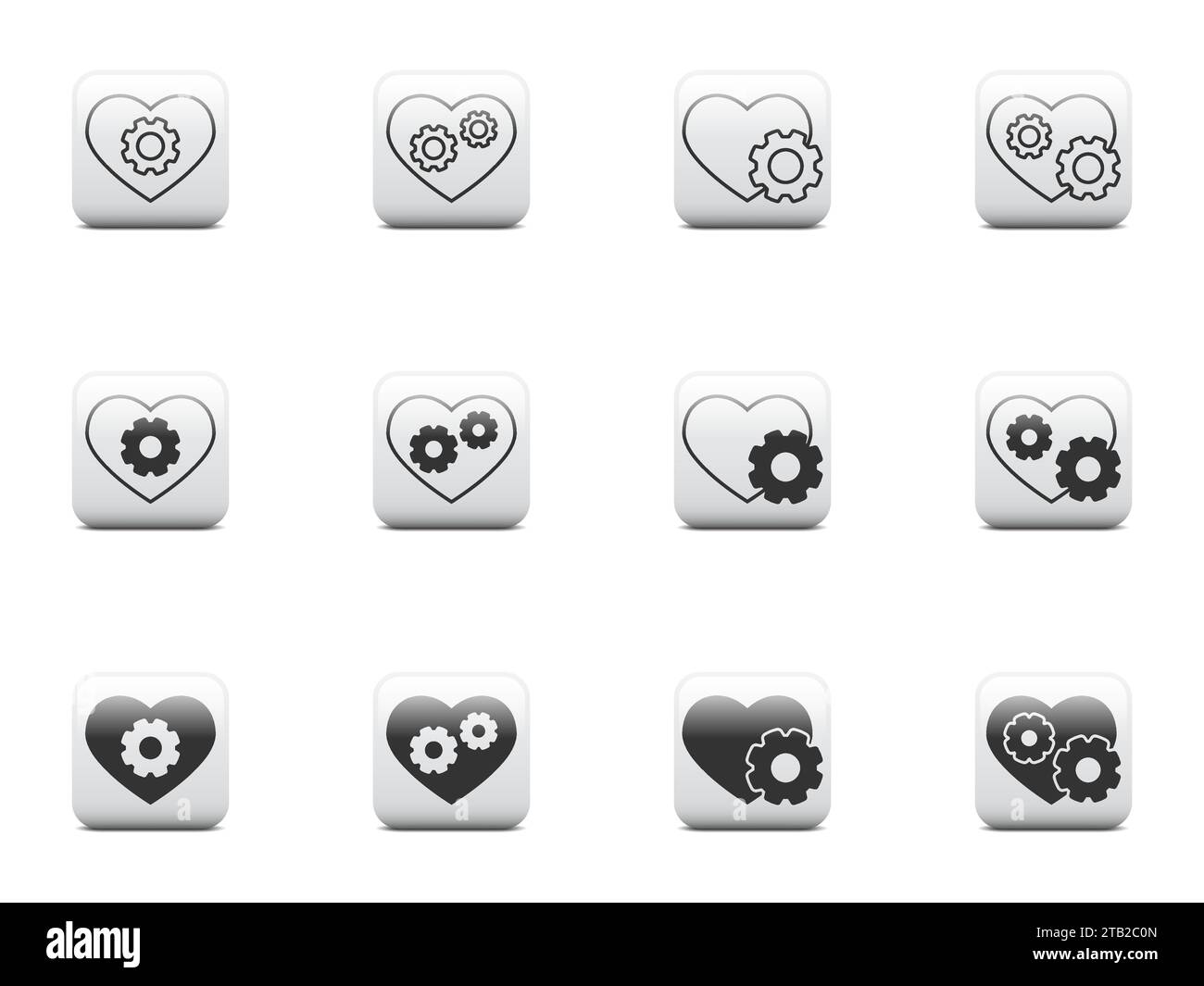 Gears in heart icons set. Gogs and heart symbols. Vector illustration Stock Vector