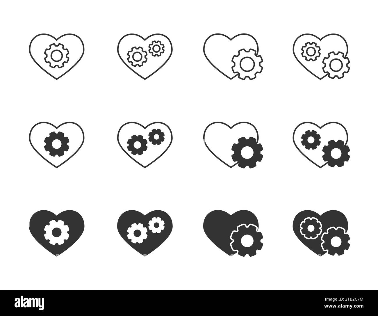 Gears in heart icons set. Gogs and heart symbols. Vector illustration Stock Vector