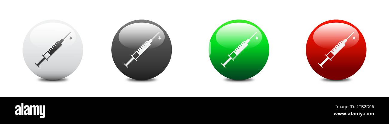 Syringe with drop on a round glossy button, and a shadow under it. Flat vector illustration Stock Vector