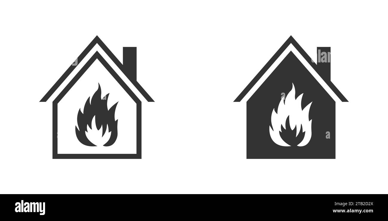 Fire in house icon. House building with flames inside. Vector