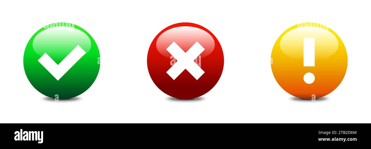 Checkmark or tick and cross glossy button. Security buttons set. Flat vector illustration Stock Vector