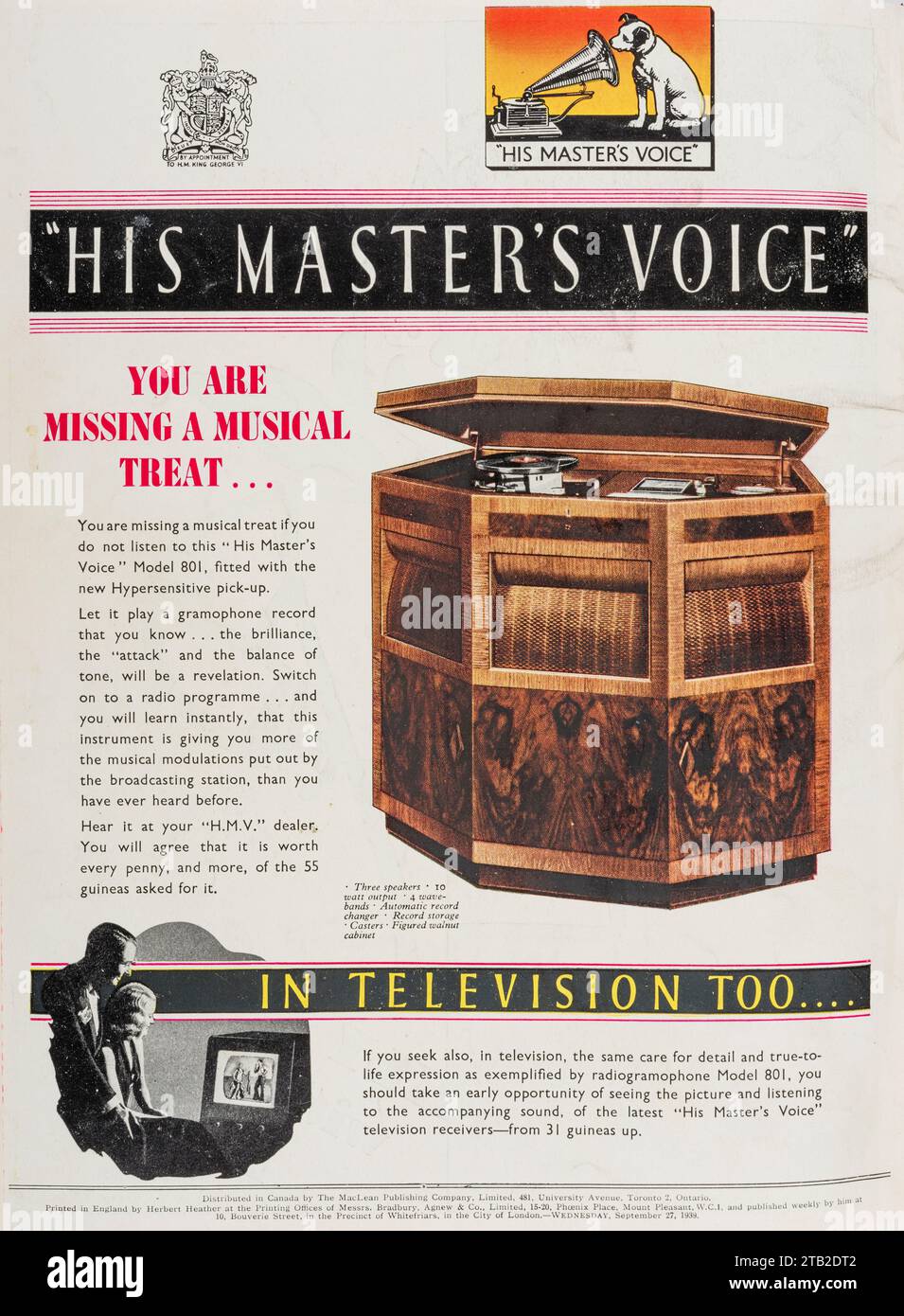 A 1939 advertisement from Punch magazine for an HMV radiogram, or combined record player and radio. The new HMV television receiver is also mentioned Stock Photo