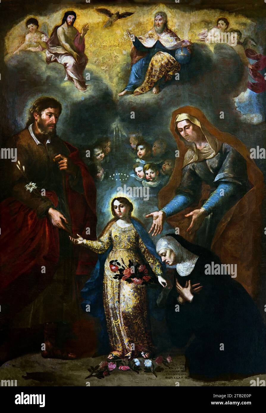 La Trinità, San Gioacchino, Sant Anna e la Vergine Bambina - The Trinity, Saint Joachim, Saint Anna and the Virgin Child 1670 by Giacinto de Populi. Chiesa di San Giorgio - San Giorgio Church - St. George is the most beautiful Baroque church existing in Salerno, rich in frescoes of the highest quality.  It is one of the oldest monastic settlements of Salerno, which dates back to the early ninth century. Stock Photo