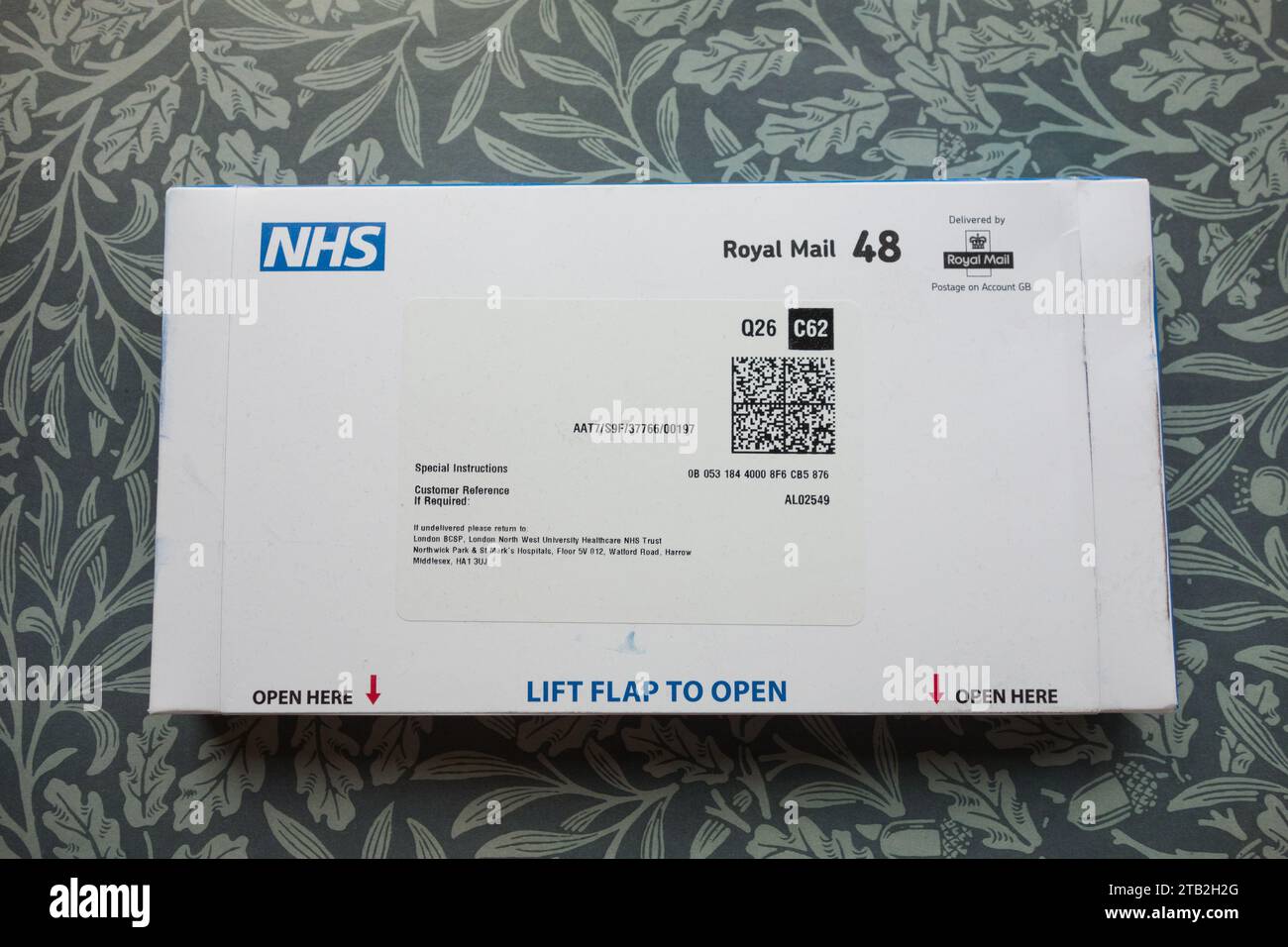 NHS Bowel Cancer screening home testing kit packaging and QR code Stock