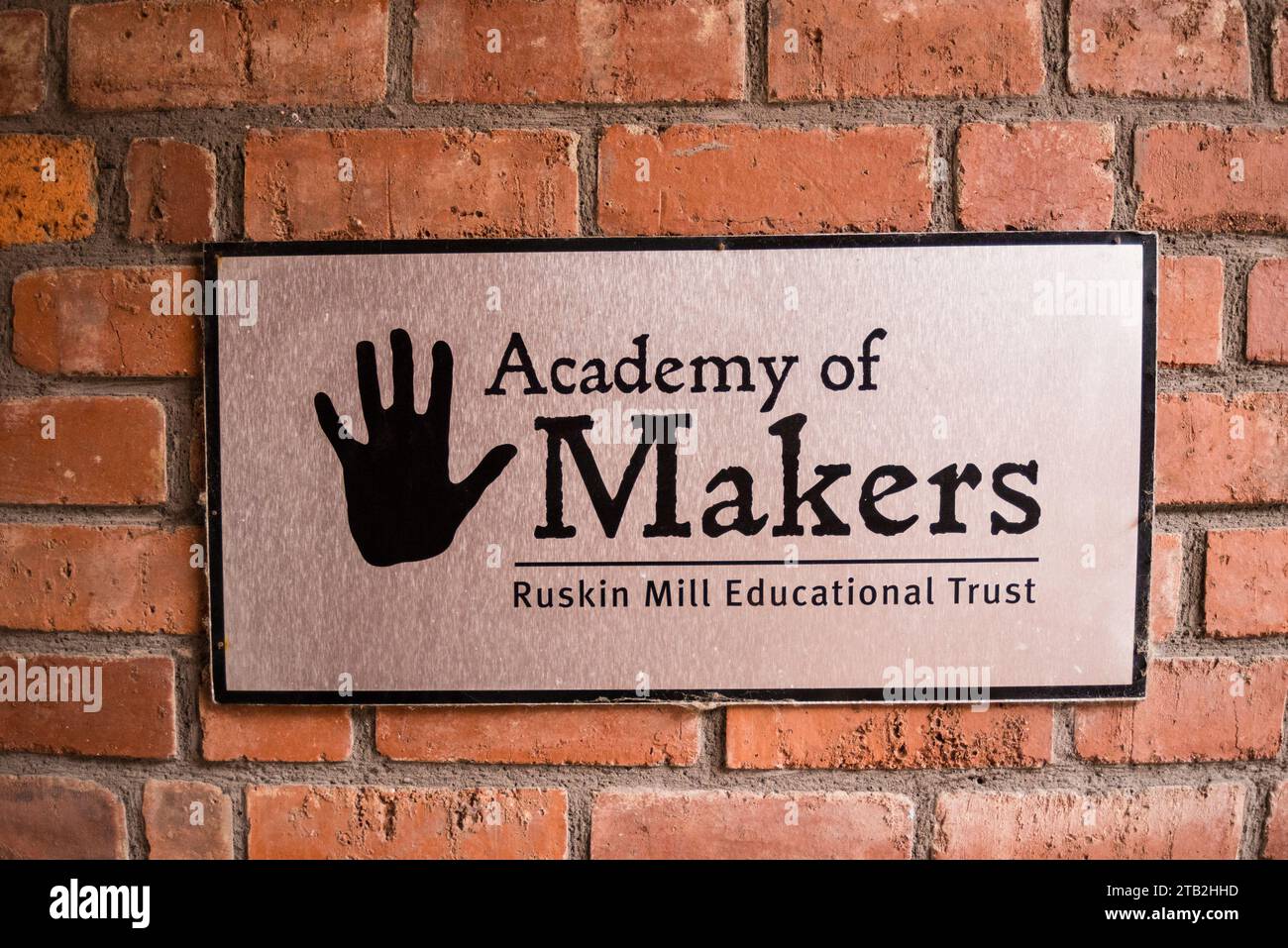 Plaque of Academy of Makers, Ruskin Mill Education Trust, Sheffield, Yorkshire, UK Stock Photo
