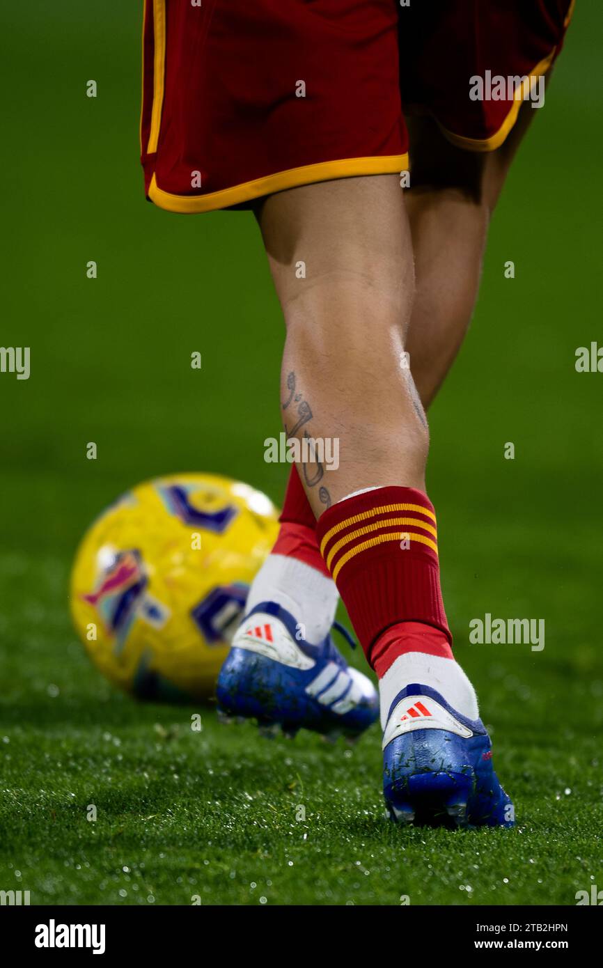 Reggio Emilia, Italy. 3 December 2023. Adidas football boots 'Copa Pure' worn by Paulo Dybala of AS Roma are seen during warm up prior to the Serie A football match between US Sassuolo and AS Roma. Credit: Nicolò Campo/Alamy Live News Stock Photo