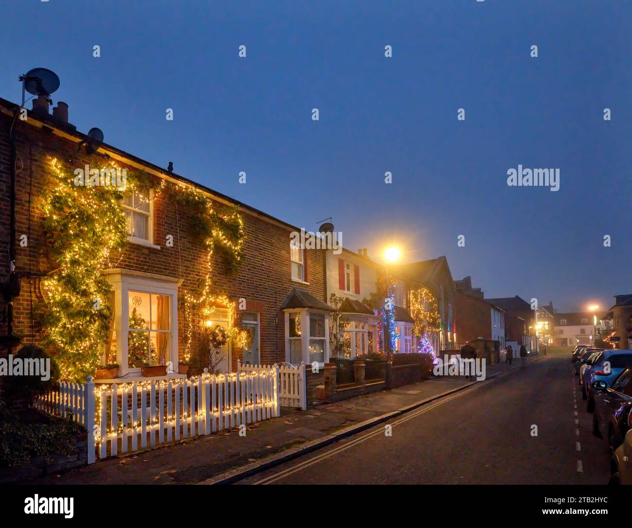 Christmas lights on houses. Park Road, Esher, Surrey, England Stock