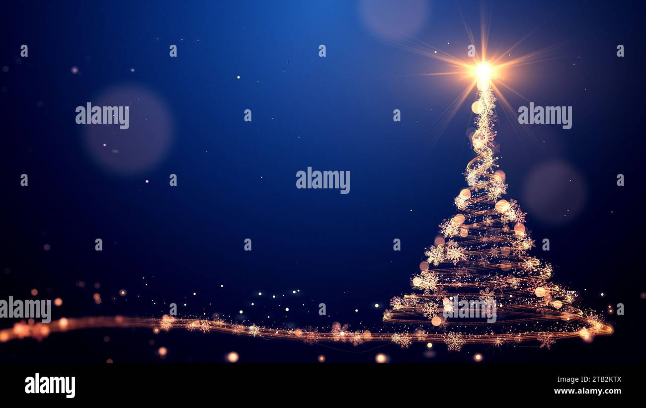 Glowing gold Christmas tree animation with particles lights stars and snowflakes on blue. Holiday concept and background Stock Photo