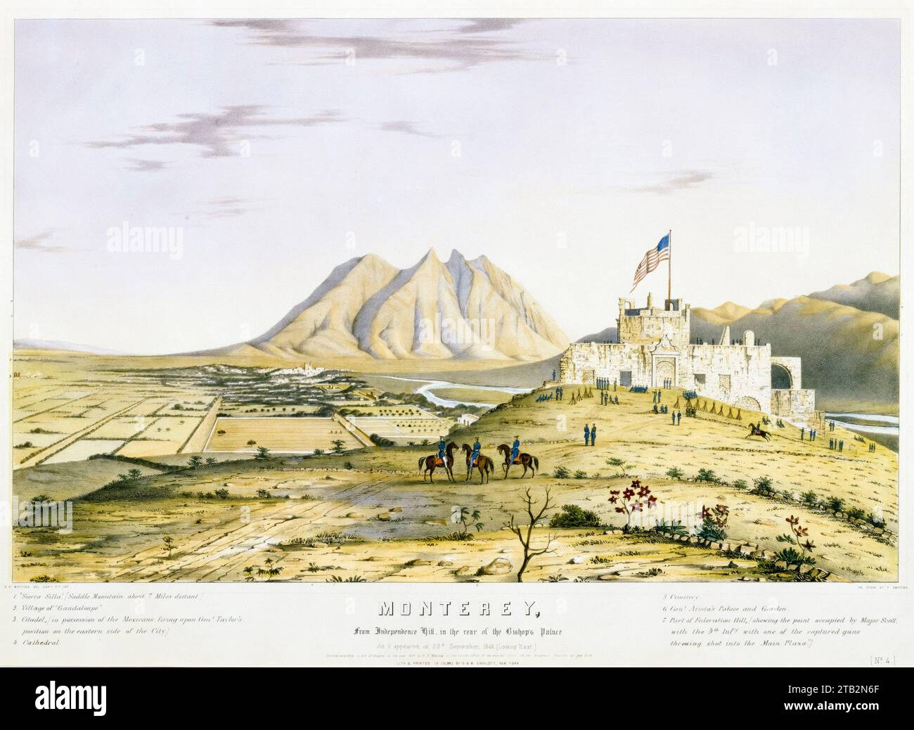Monterey from Independence Hill in the rear of the Bishop's Palace, 23rd September 1846, with the village of Guadaloupe and Sierra Silla or Saddle Mountain in the distance, Mexican-American War (1846-1848), lithographic print by Frederick Swinton, 1847 Stock Photo