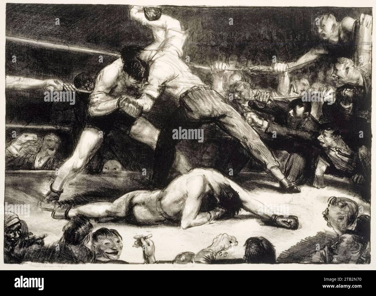 George Bellows, A Knockout, (Boxing scene), lithographic print from a drawing in chine collé, 1921 Stock Photo