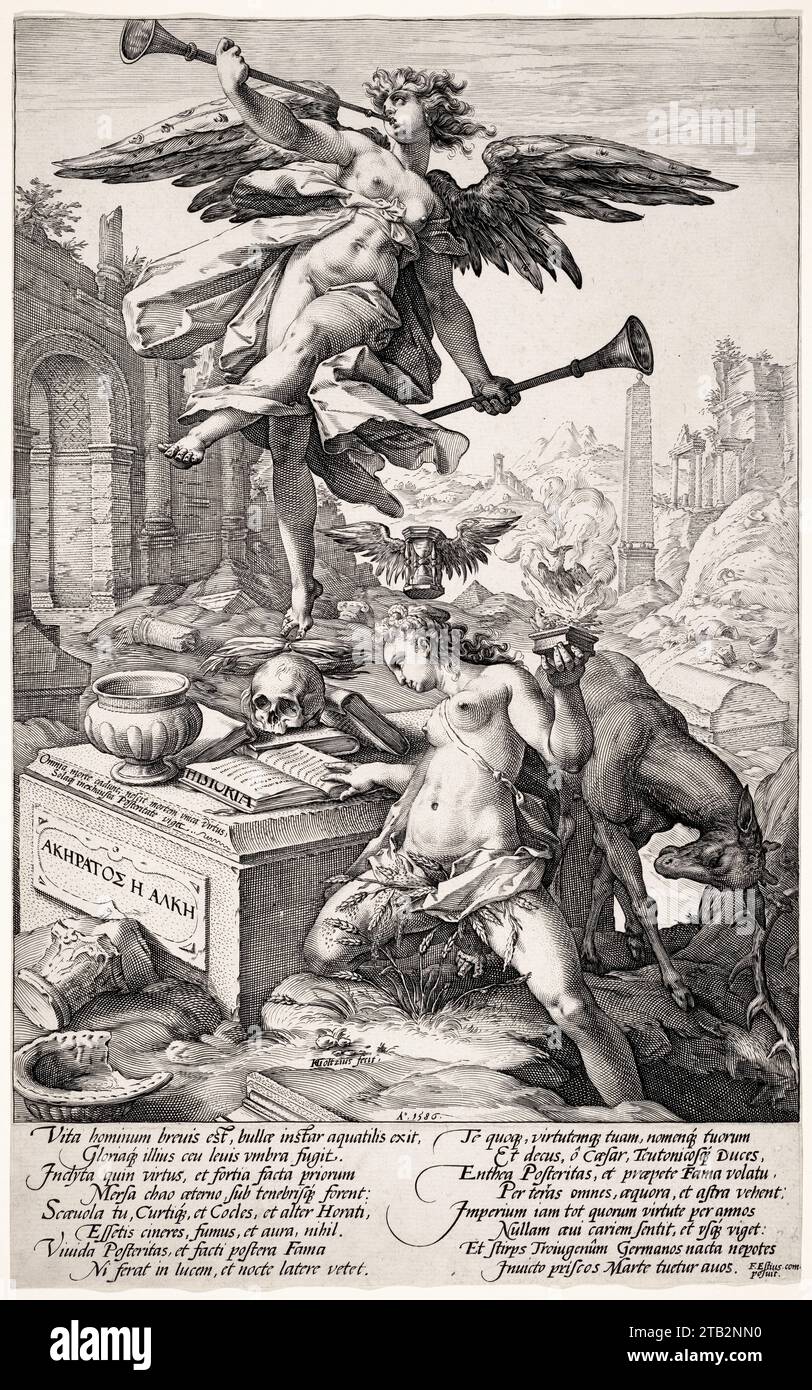 Hendrick Goltzius, The Allegory of Fame and History, engraving, 1586 Stock Photo
