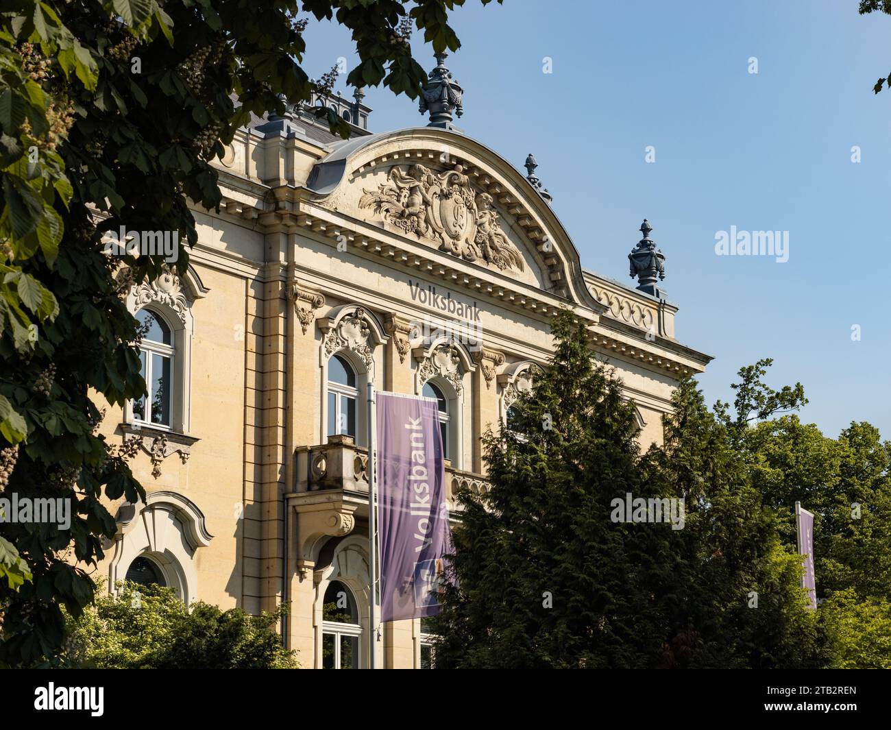 Volksbank Dresden-Bautzen eG headquarters building exterior. Beautiful old architecture in the Neustadt district. The bank is a cooperative society. Stock Photo