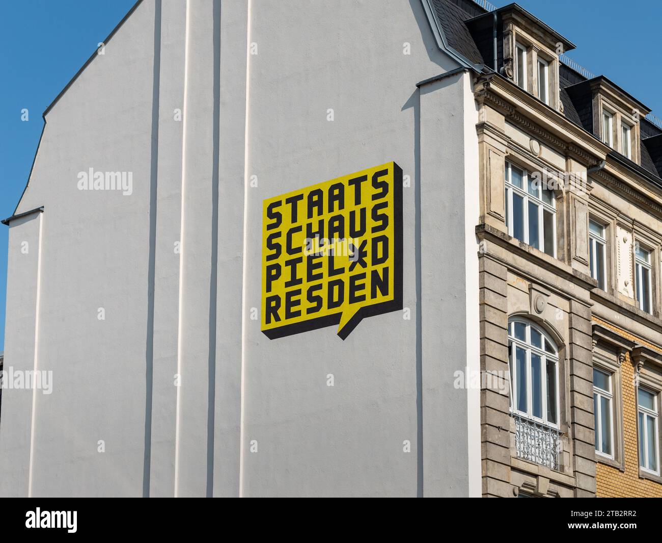 Staatsschauspiel Dresden logo sign on the facade of the 'Kleines Haus' (small house). Building exterior of a famous traditional theater in Saxony. Stock Photo
