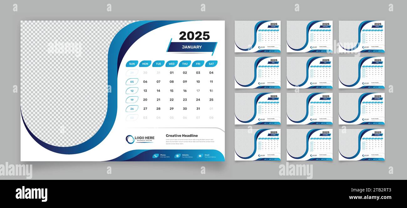 Minimalist dark blue desk schedule template set for 2025 with accurate