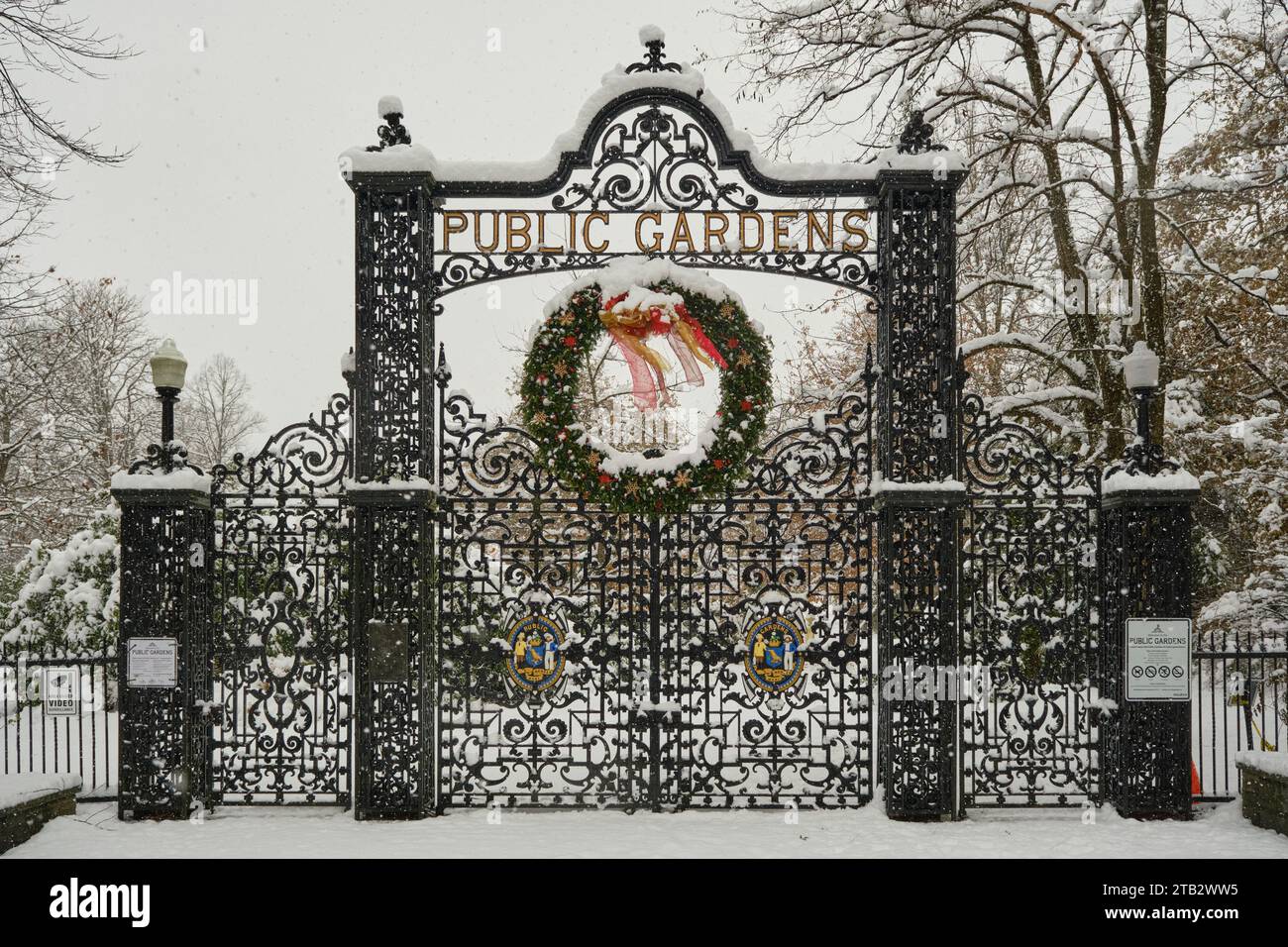 Halifax, Nova Scotia, Canada. December 4th, 2023. The snow covered gate of the Halifax Public Gardens which will remain closed today. With over 20cm of snow falling overnight Stock Photo