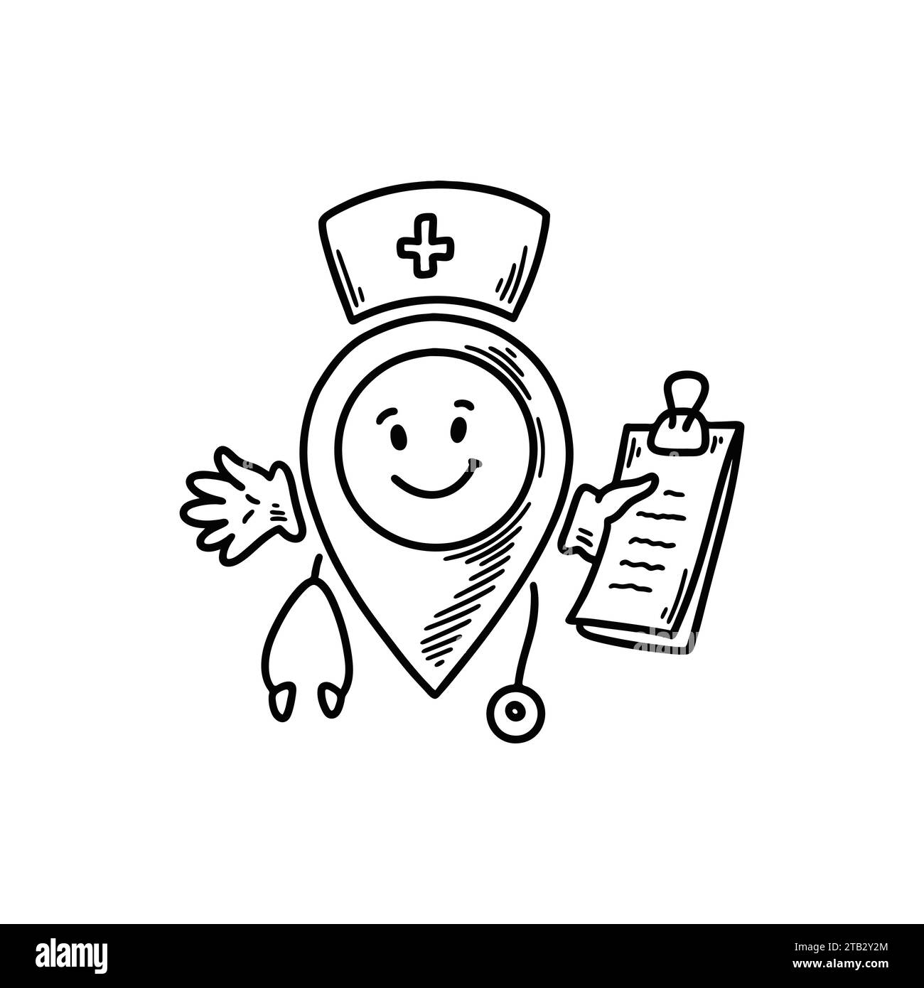 Cute line doodle hospital location pin emoji. Freehand sketch pinpoint. Map address comic emoticon. Smiling funny character Stock Vector