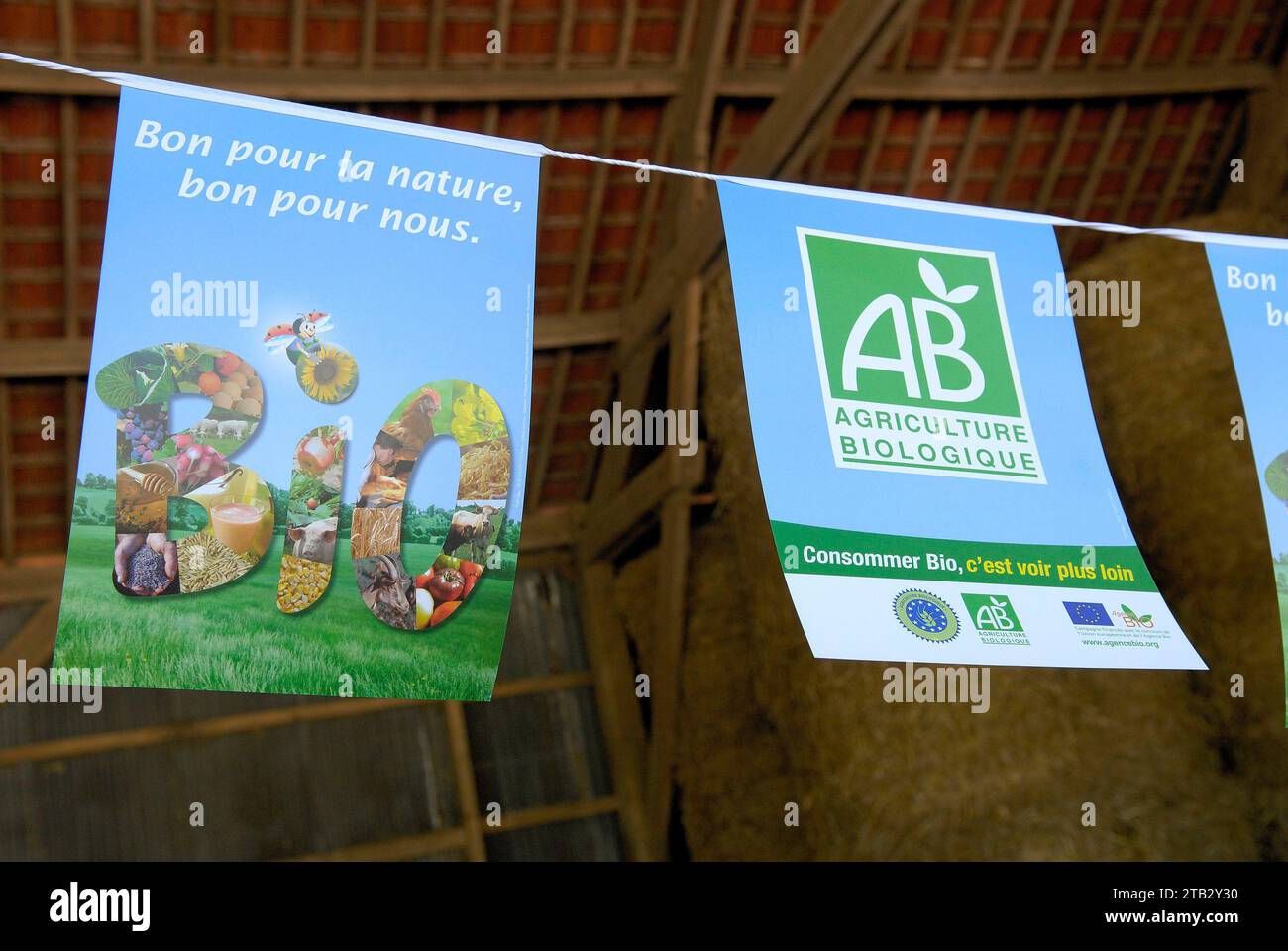 Display for organic agricultural products in a farm, organic farming, AB label Stock Photo