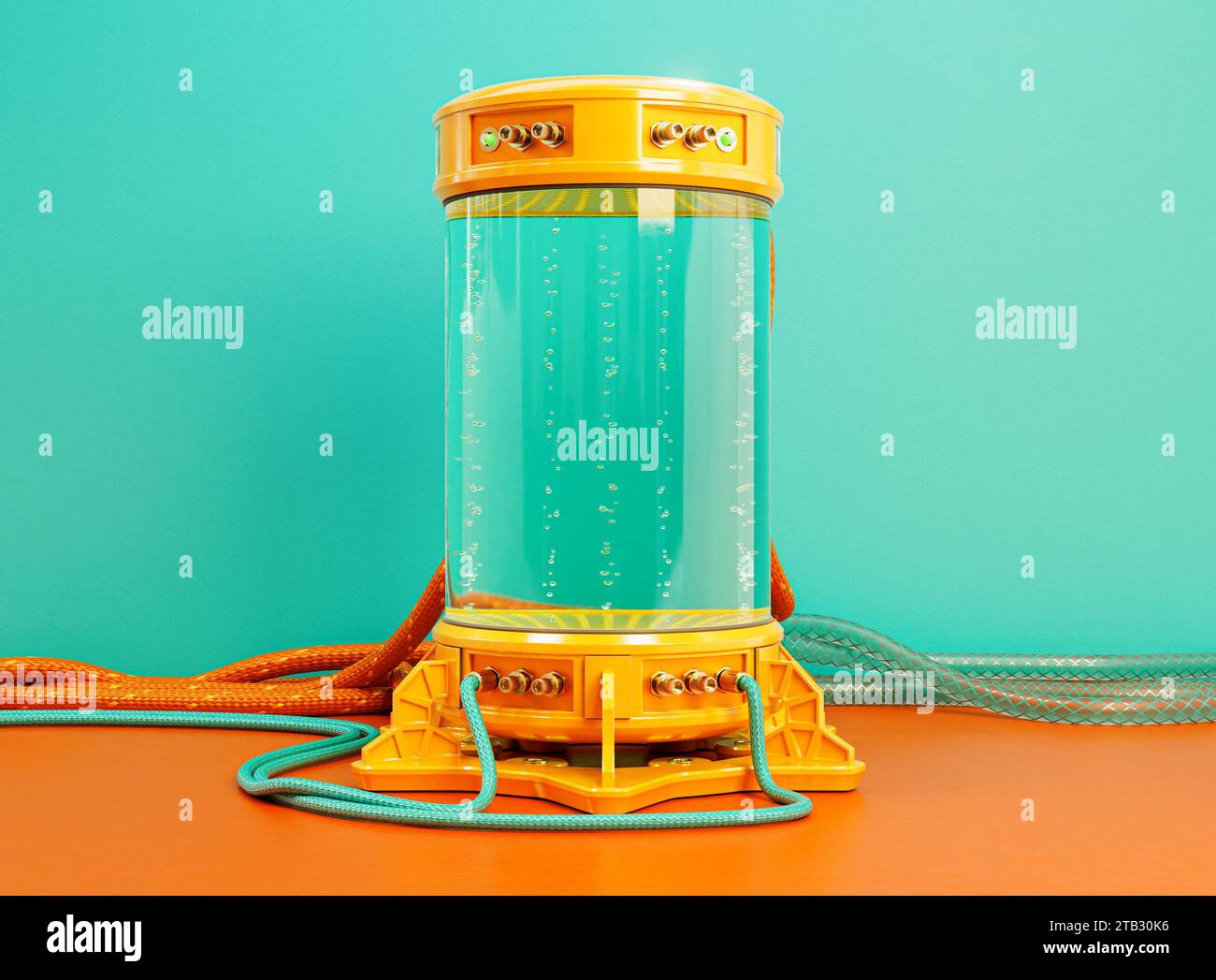 A brightly colored futuristic concept science lab cryogenic test tube machine filled with liquid and bubbles with connected cables and rubber pipes - Stock Photo