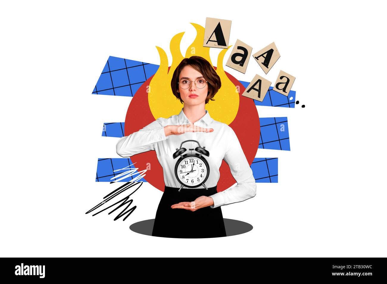 Creative picture illustration young lady worker showing clock alarm hurry meet deadlines flame behind glasses office routine Stock Photo