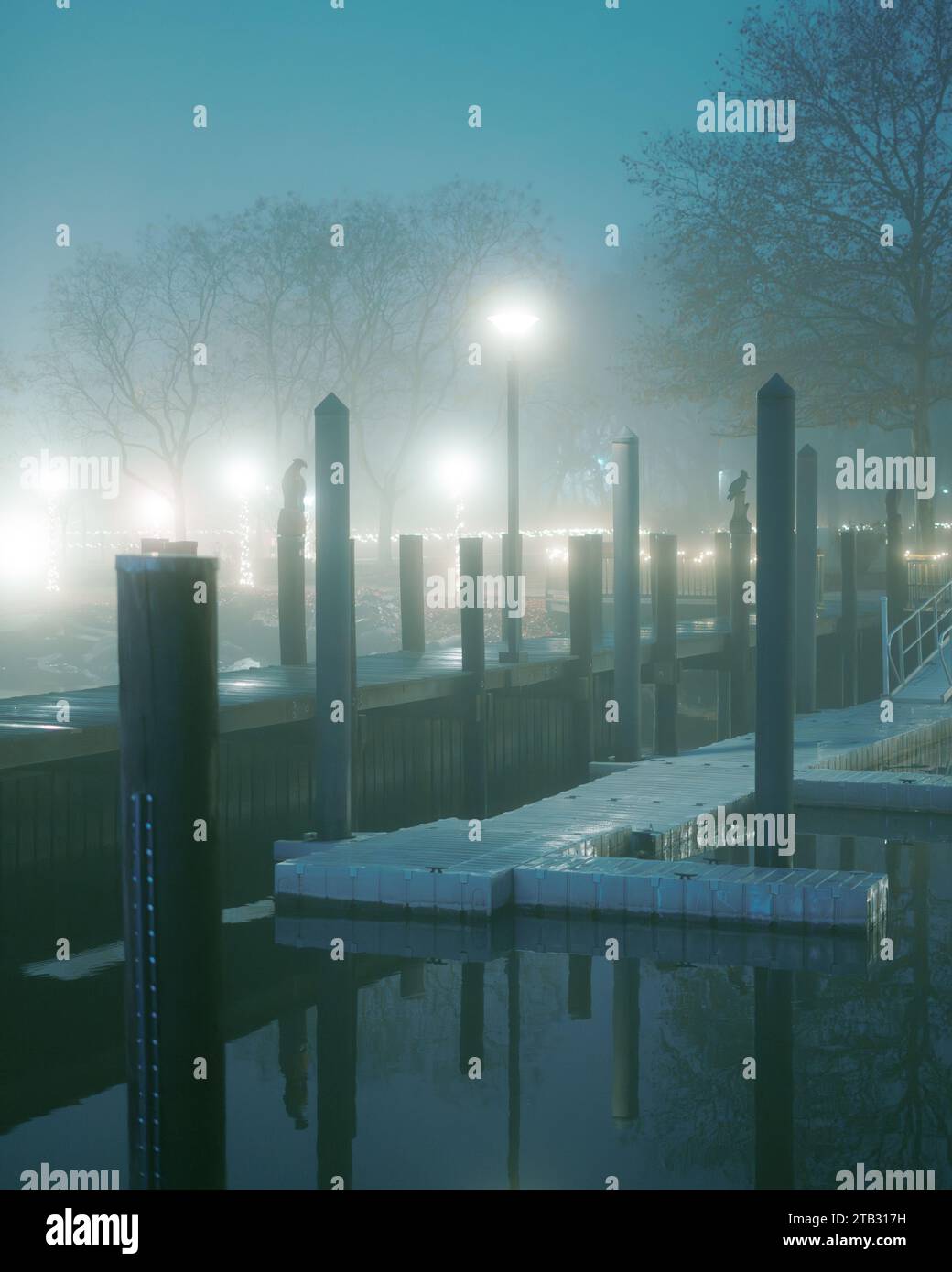 Foggy night scene on the pier in Havre de Grace, Maryland Stock Photo ...