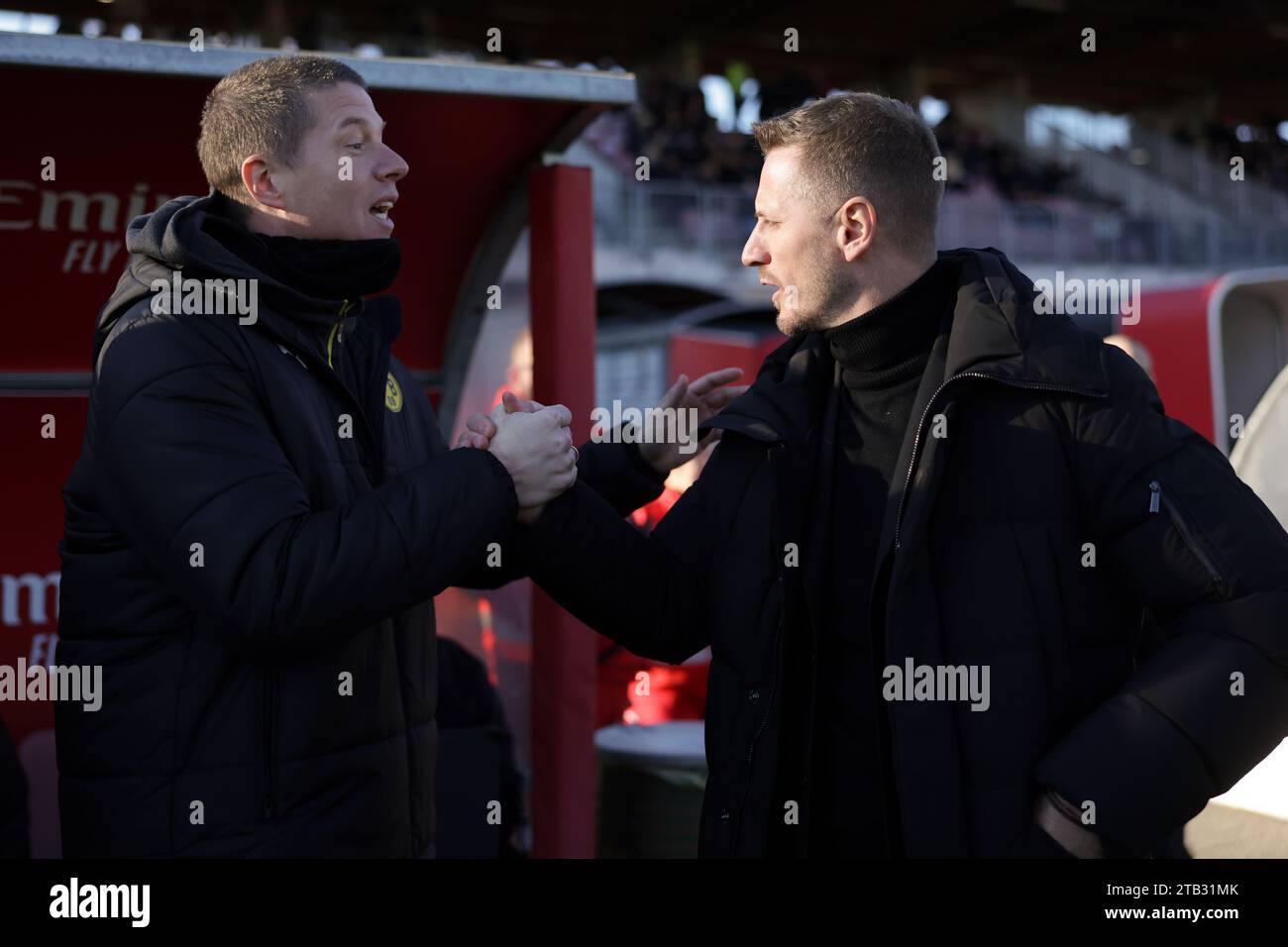 Milan, Italy. 28th Nov, 2023. Mike Tullberg Head coach of Borussia Dortmund and Ignazio Abate Head coach of AC Milan shake hands prior to kick off in the UEFA Youth League match at Centro Sportivo Vismara, Milan. Picture credit should read: Jonathan Moscrop/Sportimage Credit: Sportimage Ltd/Alamy Live News Stock Photo