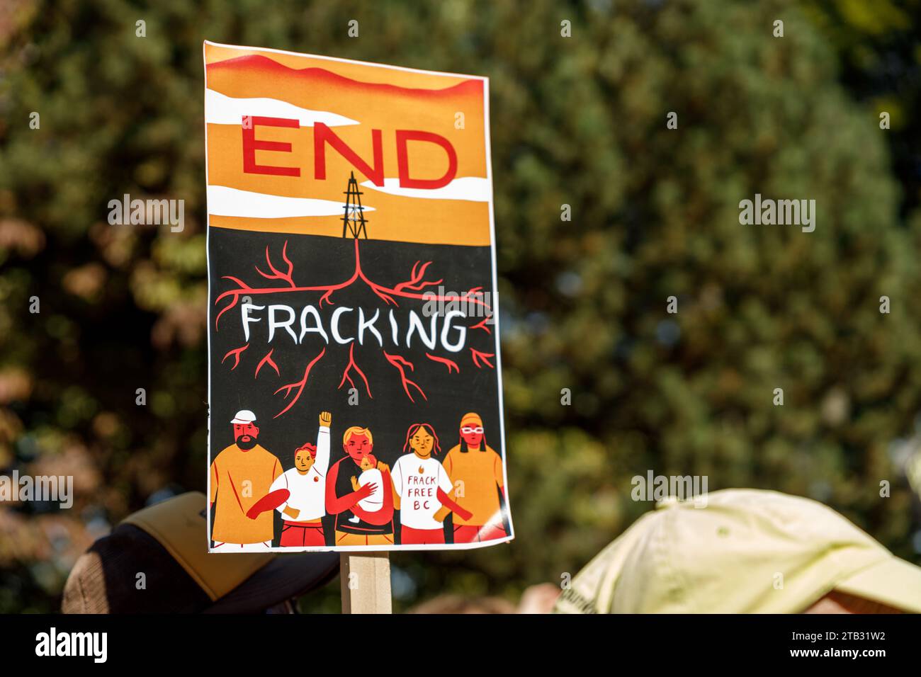 Vancouver, Canada - September 15,2023; View of sign END FRACKING  as part of Global Climate Strike in front of Vancouver City Hall Stock Photo