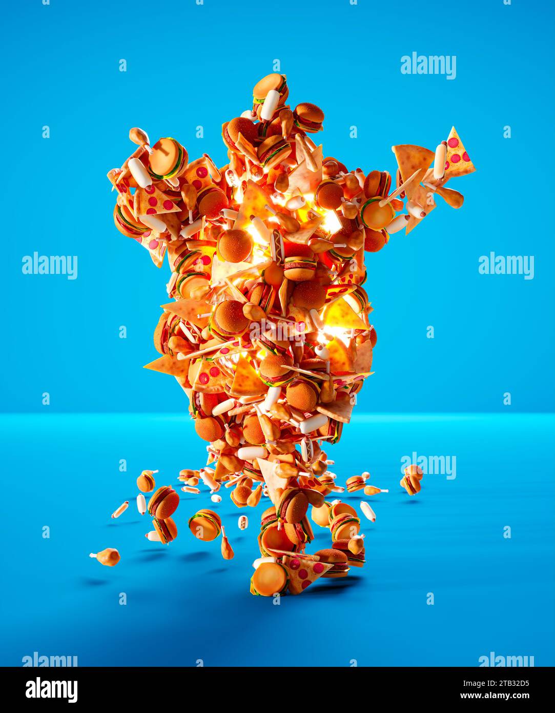MidAir Culinary Explosion of Fast Food Staples on a Blue Backdrop