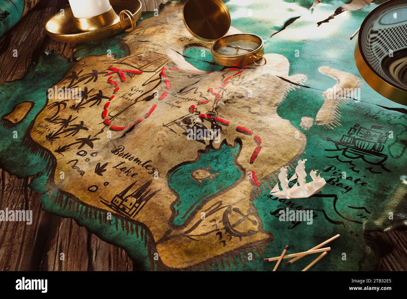 Vintage Nautical Treasure Map with Compass and Ancient Coins on Wood ...