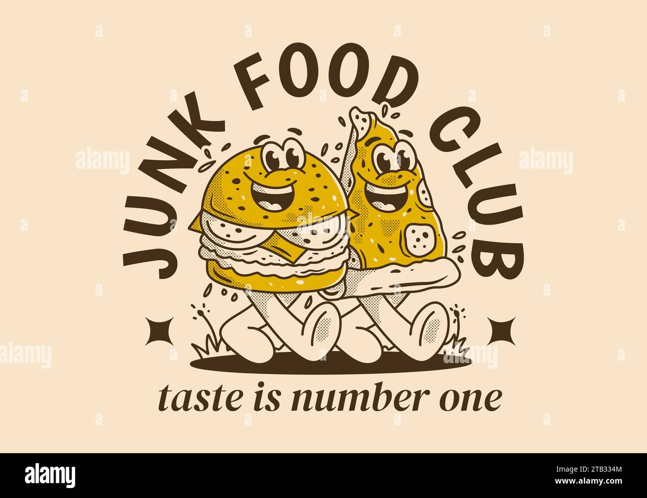 Junk Food club, taste is number one. Mascot character illustration of walking burger and pizza