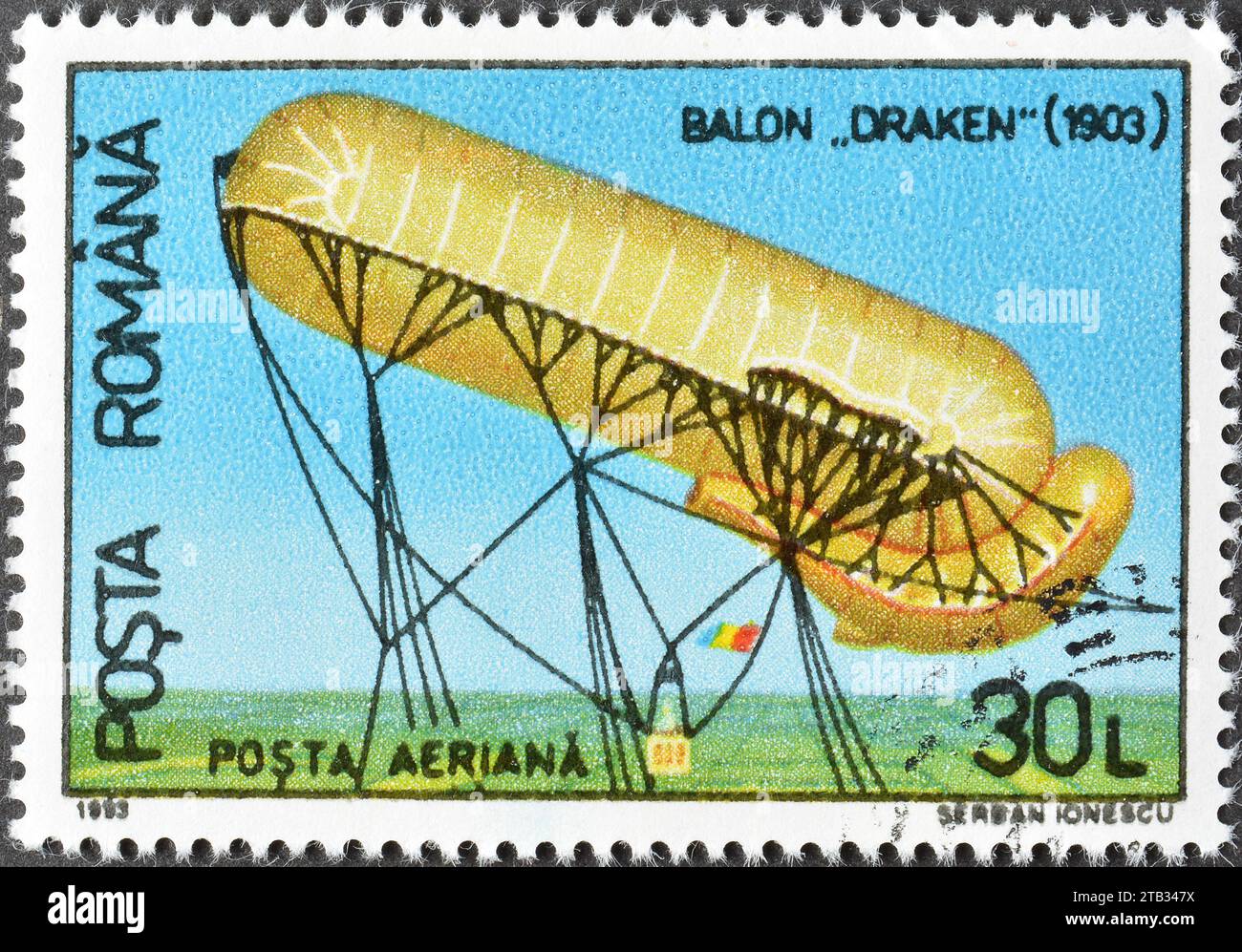 Cancelled postage stamp printed by Romania, that shows Draken (1903), circa 1993. Stock Photo