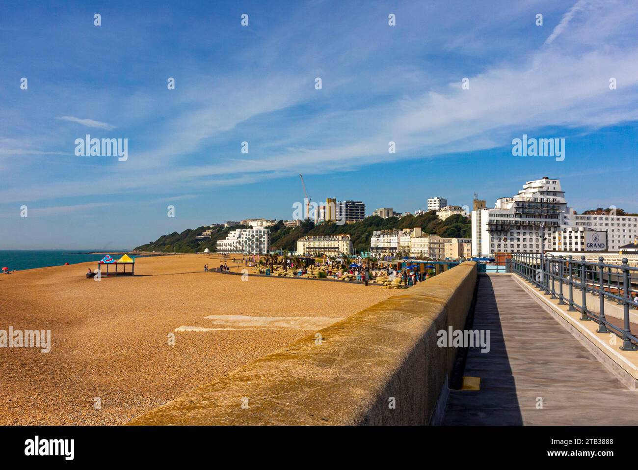 View of the harbour in Folkestone Kent UK a port town on the English Channel in south east England with blue sky above. Stock Photo