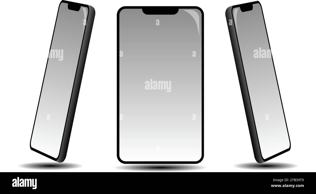 Concept of a blank mobile phone screen from 3 angles, blank screen to add graphics to Stock Vector