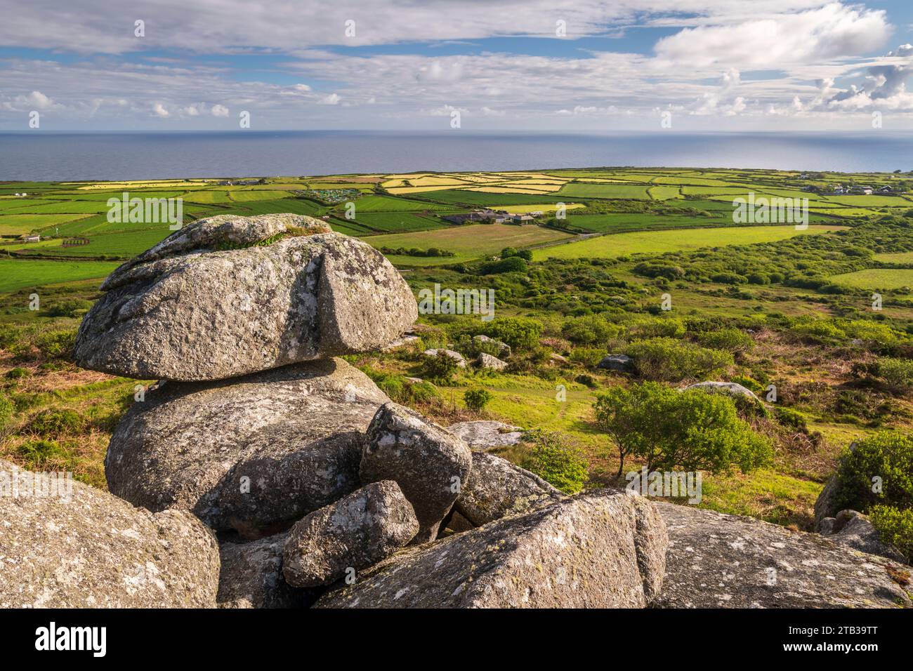 Granite tor outcrop on Rosewall hill near St Ives, Cornwall, England. Spring (May) 2022. Stock Photo