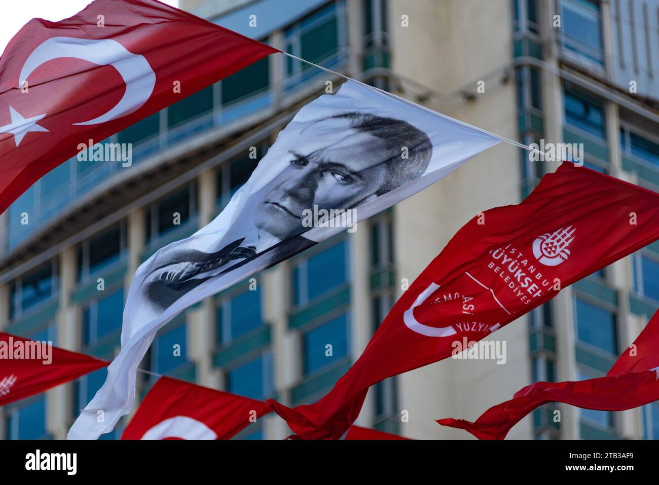 Istanbul, Turkey. 21st Nov, 2023. A banner with a portrait of Mustafa Kemal Ataturk seen on the 100th anniversary of the founding of the modern republic of Turkey. Credit: SOPA Images Limited/Alamy Live News Stock Photo