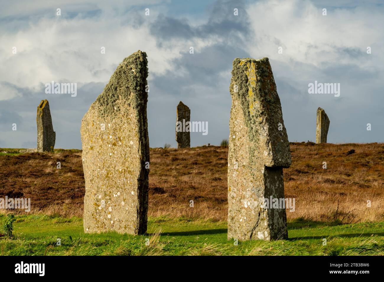 Megalithic standing stones forming the Ring of Brodgar on Mainland, Orkney Islands, Scotland.  Autumn (October) 2022. Stock Photo