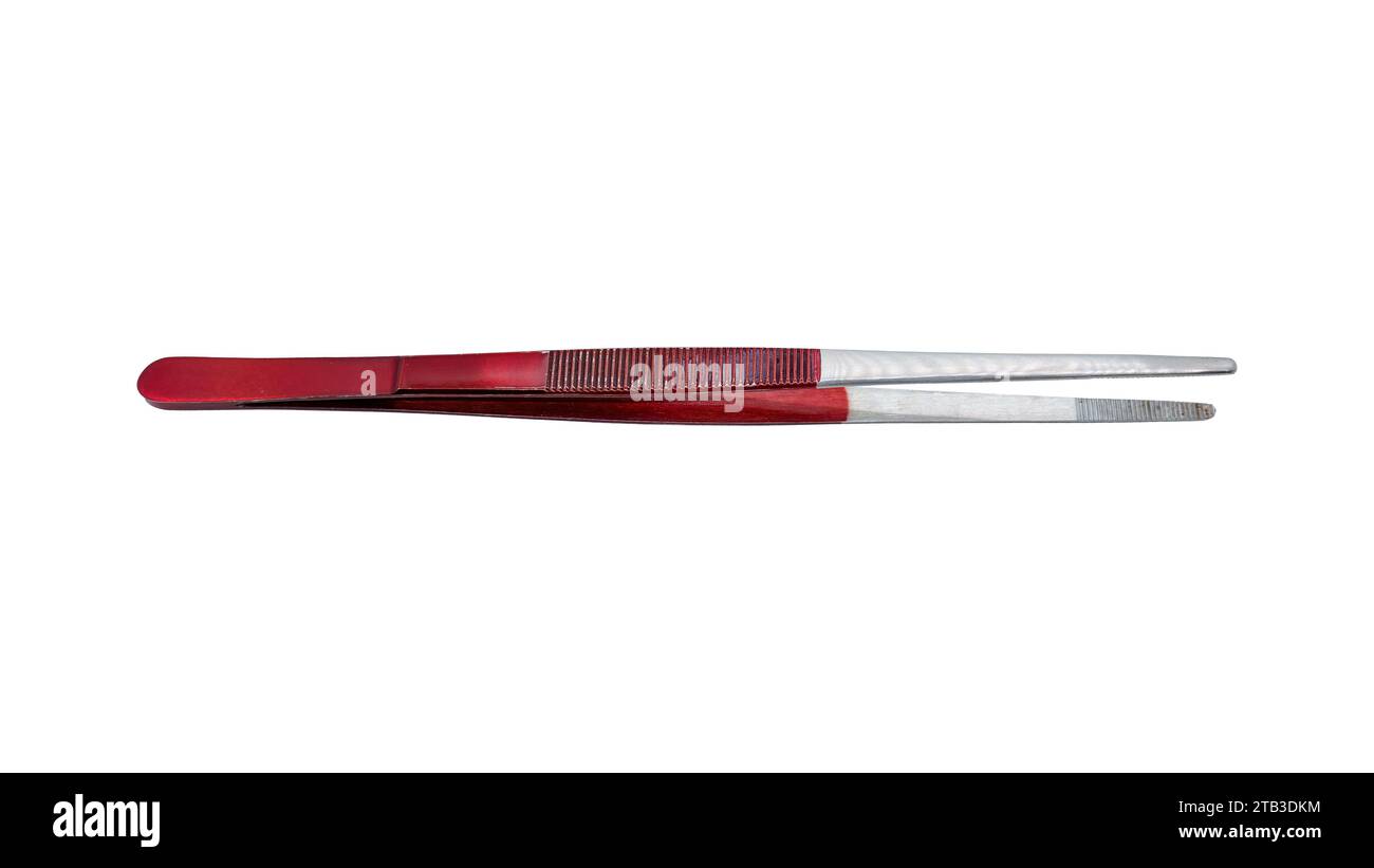 Straight metallic tweezers with red handles, close up side view