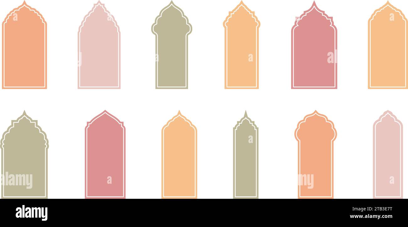 Flat Style Vector Design Showcasing Islamic Shape Window and Doors Frames in Retro Boho Colors. Versatile Illustrations Suitable for Various Design Projects. Stock Vector