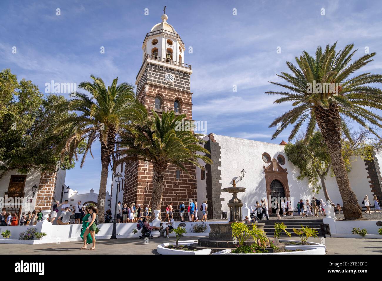 Street views of the Iglesia de Nuestra Señora de Guadalupe in the Plaza de la Constitución, Teguise Village, Lanzarote, Canary Islands, Spain. Stock Photo