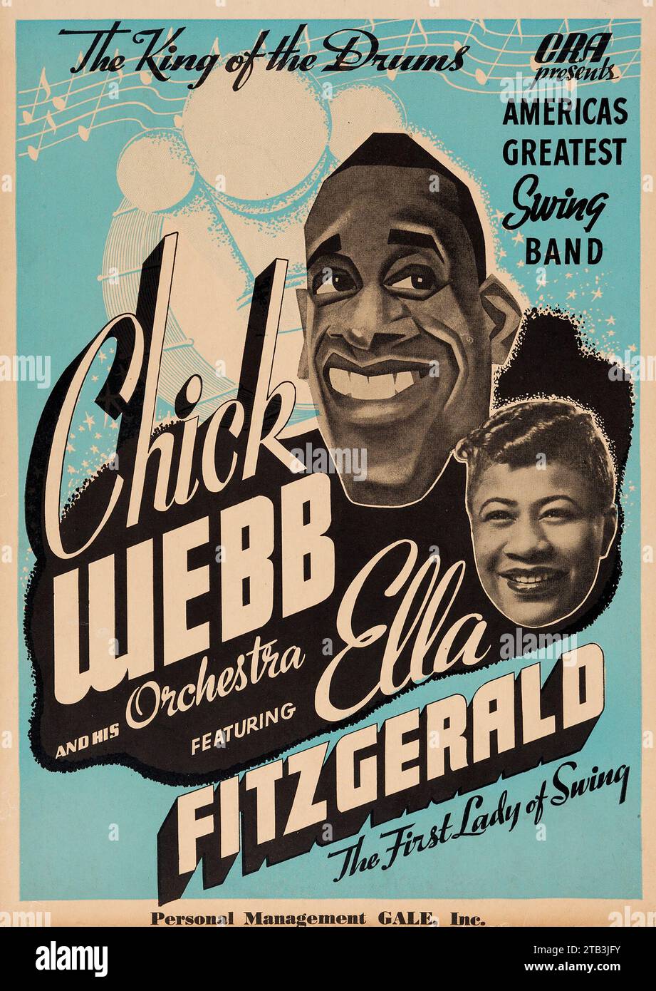 The king of the Drums, Chick Webb feat Ella Fitzgerald - Jazz Concert Poster (CRA Presents, late 1930s) Swing music. Stock Photo