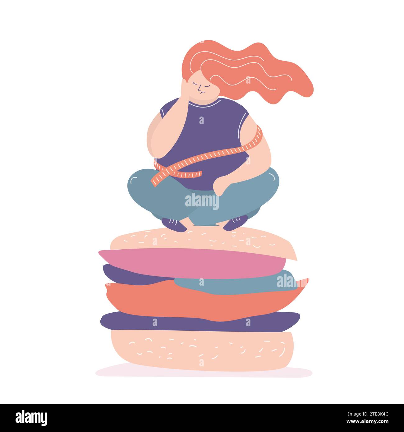Sadness fat woman sitting on big hamburger. Unhealthy fast food and overweight female character with measuring tape. Obesity problem concept. Obese gi Stock Vector
