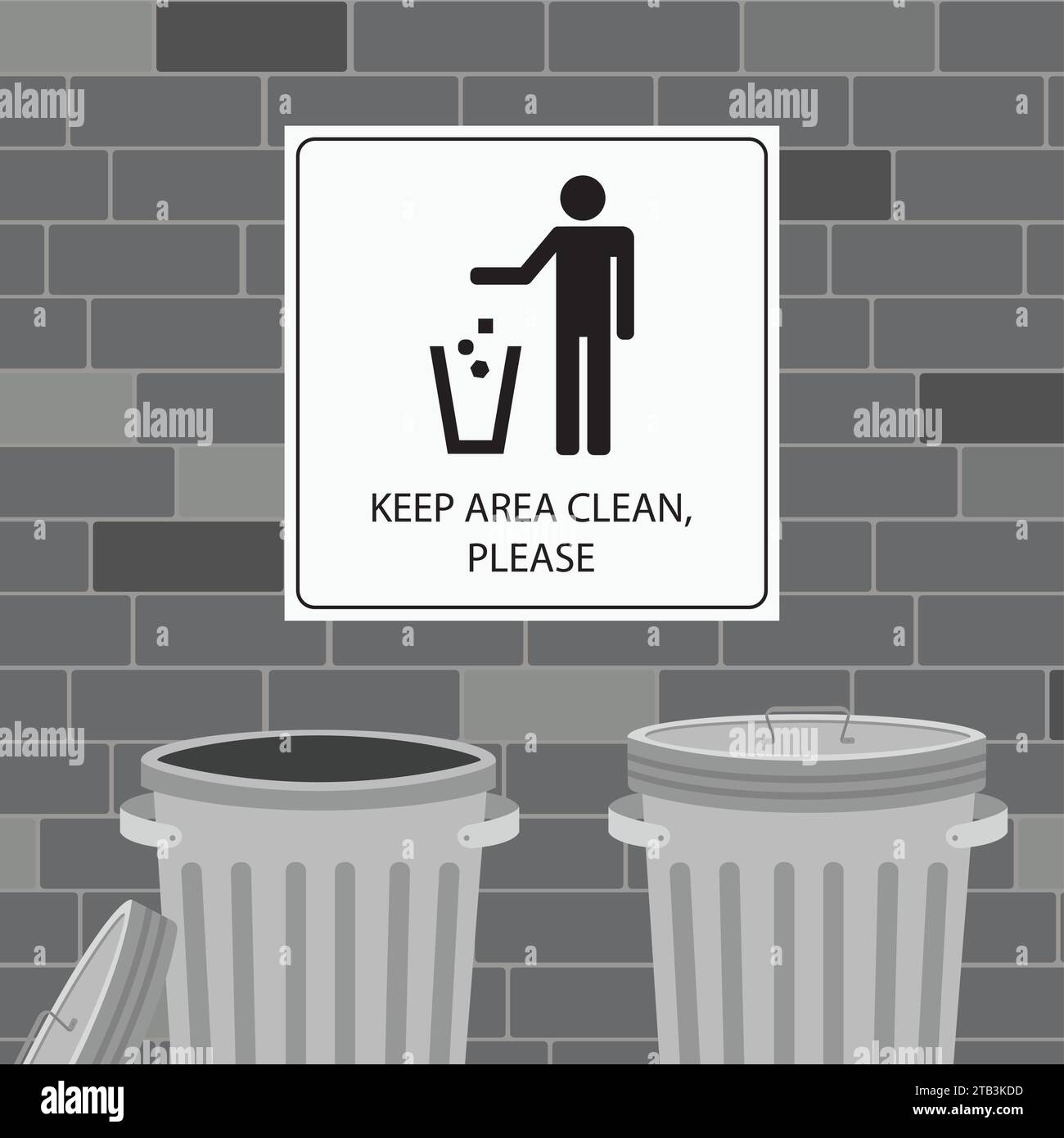 Keep clean icon or poster on a brick wall. Do not litter sign. Silhouette of a man, throwing garbage in a bin. Empty and clean trash cans. Parts of ca Stock Vector