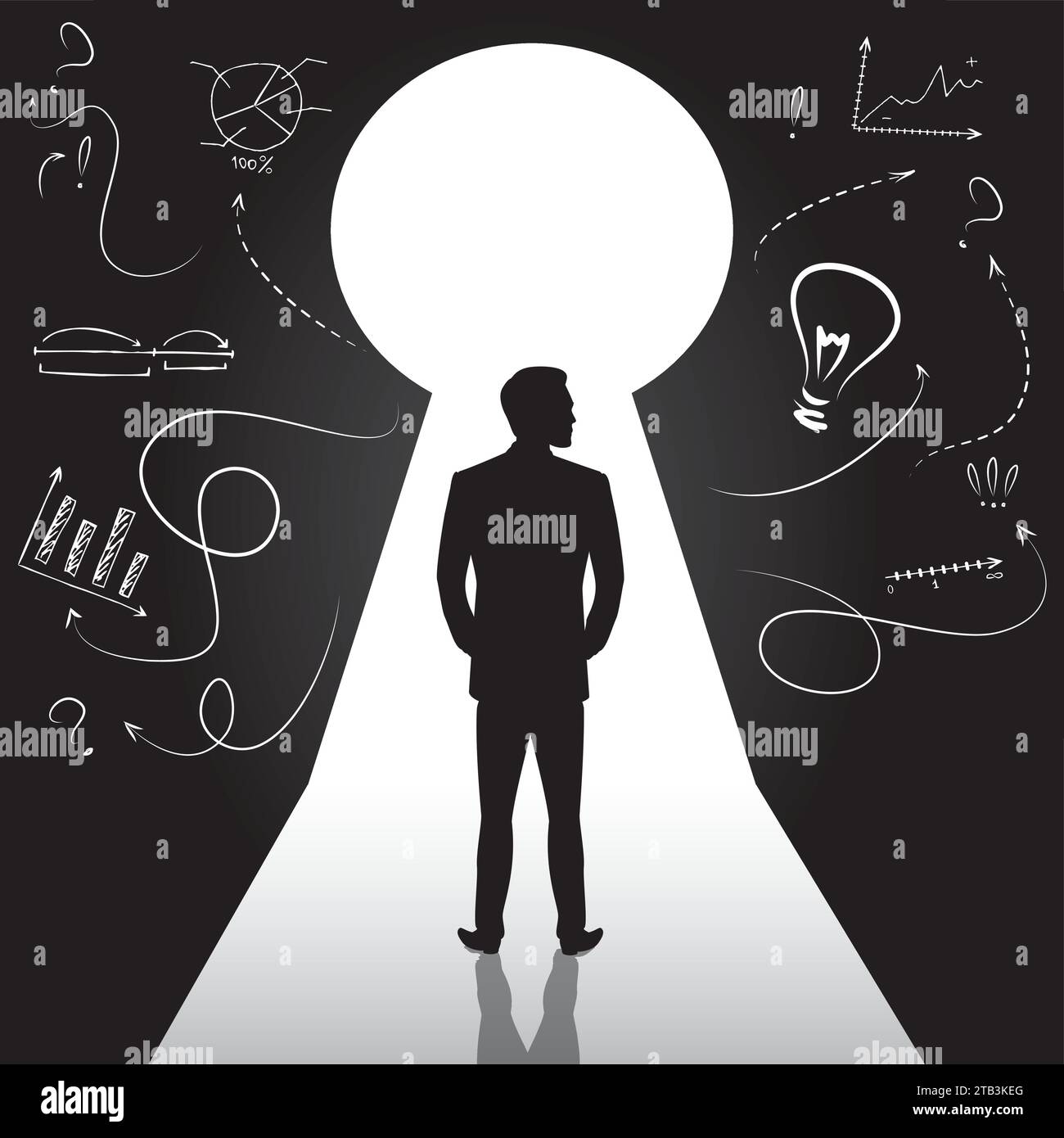 Businessman or scientist silhouette standing front of door keyhole. Male character back view. Man thinking, dreaming and planning. Arrows,graphs and c Stock Vector