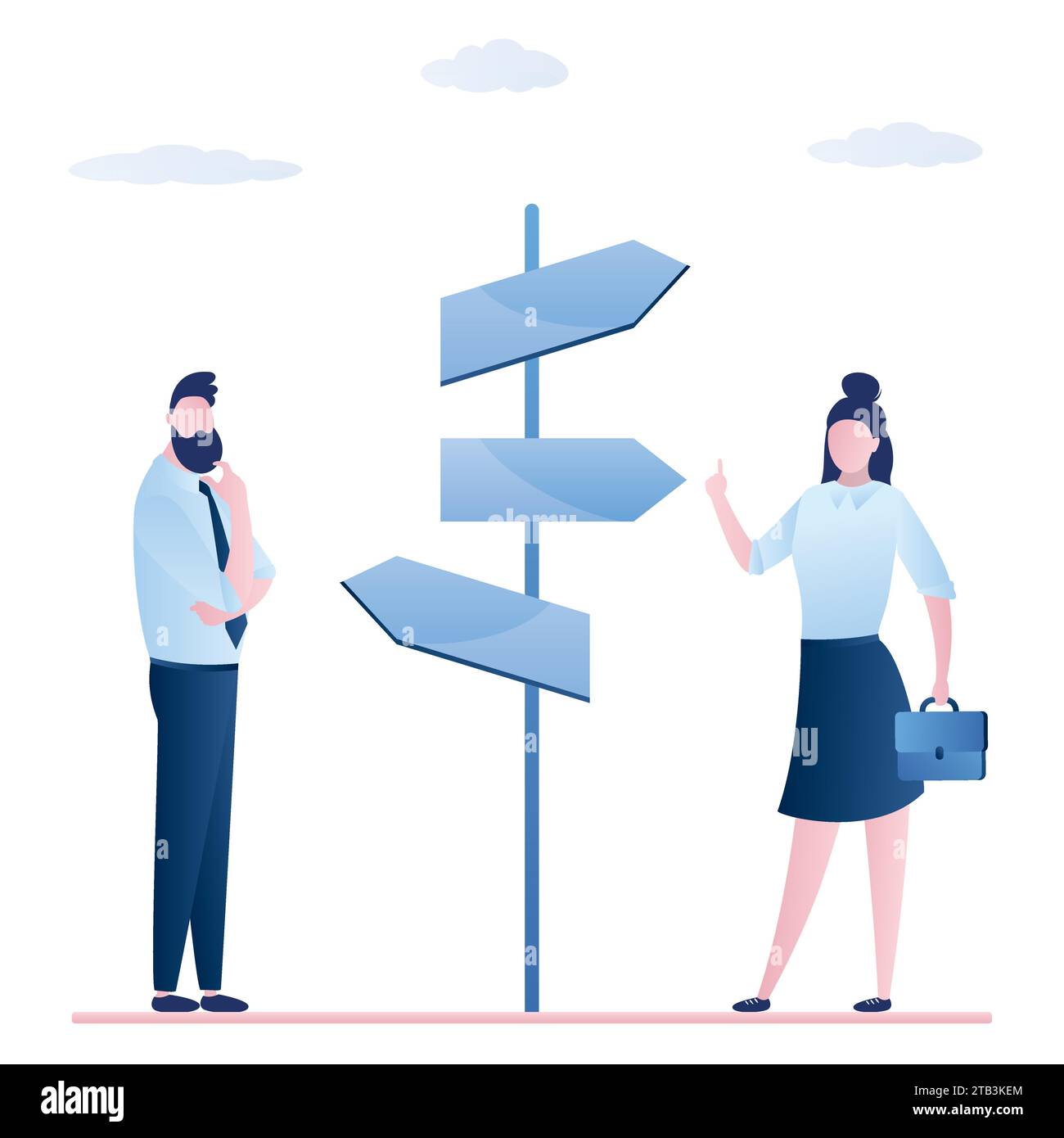 Businesspeople decide what way to choose. Cartoon characters making important decision and choice. Humans standing near crossroad pointer with several Stock Vector