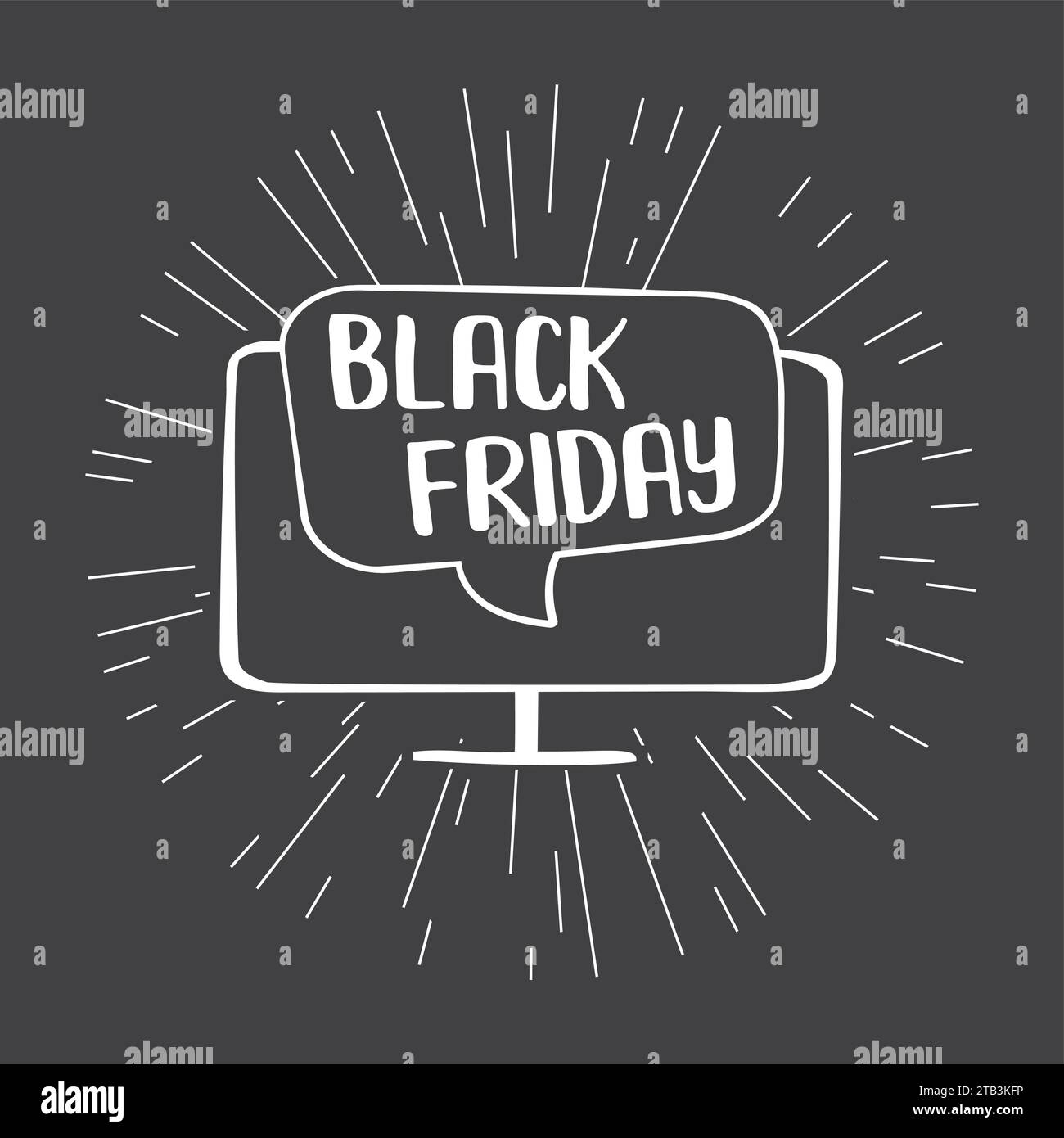 Black friday sale. Speech bubble doodle on tv screen or pc monitor. Target marketing. Design template on black background. Funny doodle vector illustr Stock Vector