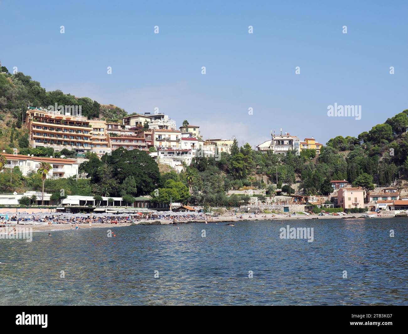 hotels, beach, Ionian Sea, Mazzarò, Taormina, Sicily, Sicilia, Italy, Europe Stock Photo