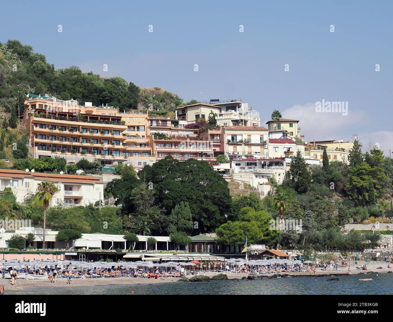 hotels, beach, Mazzarò, Taormina, Sicily, Sicilia, Italy, Europe Stock Photo